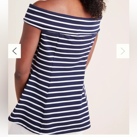 Maeve Blue and White Off-the-Shoulder Fitted Blouse - Picture 2 of 13